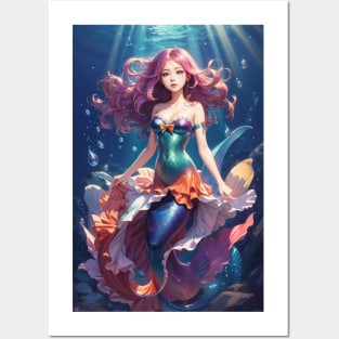 Anime Style Cute Mermaid in water. Posters and Art